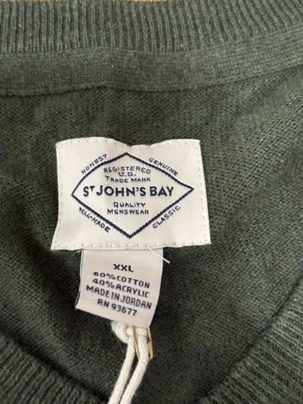 St John's Bay Mens V-Neck Sweater Sz 2XL XXL Green Heather Pullover Knit NWT $42